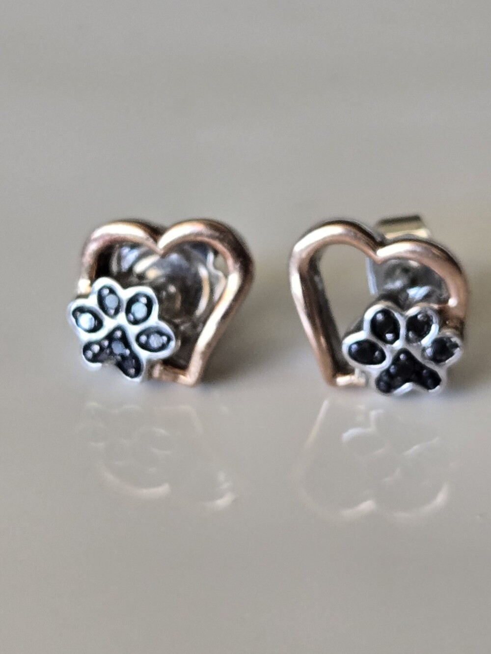 Heart & Paw Stud Earrings -10k Rose Gold and 925 Silver - Picture 3 of 12